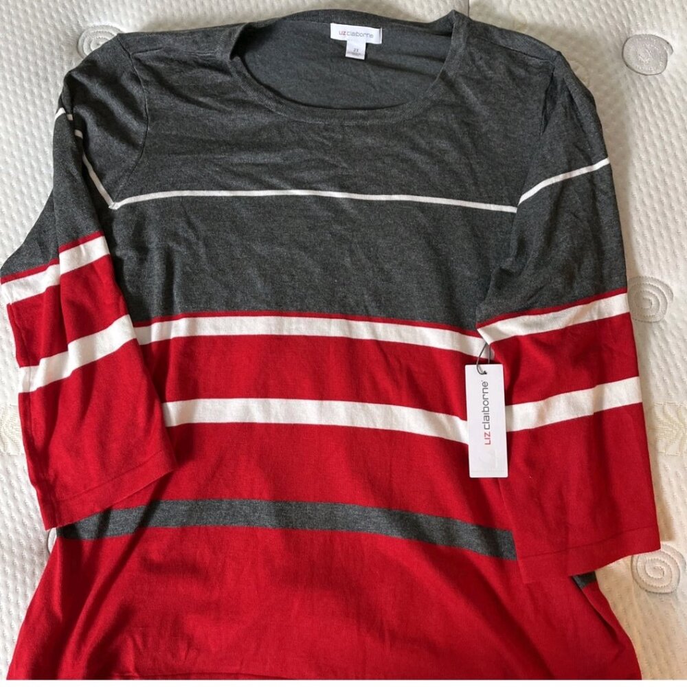 Liz Claiborne Red Gray Striped Sweater 2X Lightweight Weekend Chic NWT